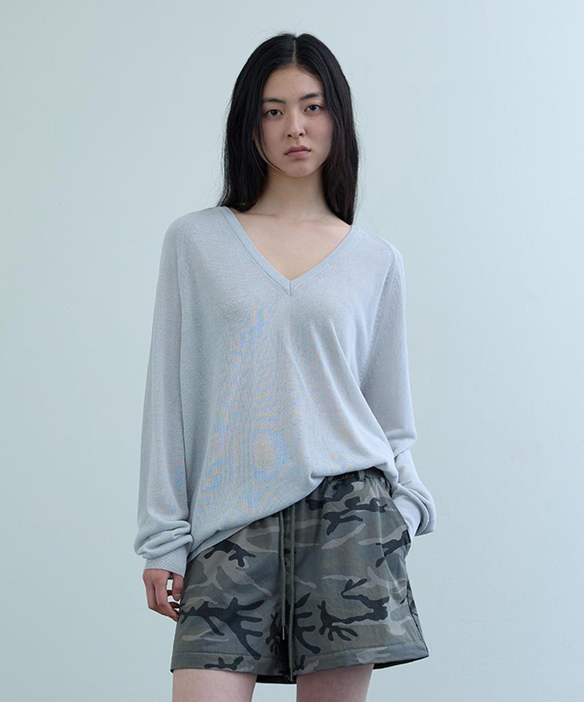 Uusoo Linen Blend Lightweight V-Neck Pullover_ Pale Gray