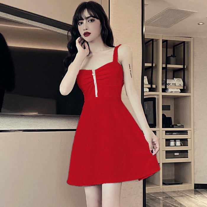 

Sexy dress new Internet celebrity live streaming host suspender A-shaped skirt slim and thin wrinkled low-cut zipper temperament skirt 2XL червоний