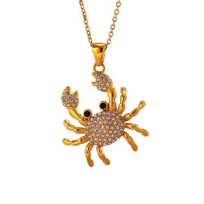 DIEYURO 316 Stainles Steel Golden Inlay Rhinestones Crab Pendant Necklace Women Vintage Fashion Neck Chain Jewelry Glamorou