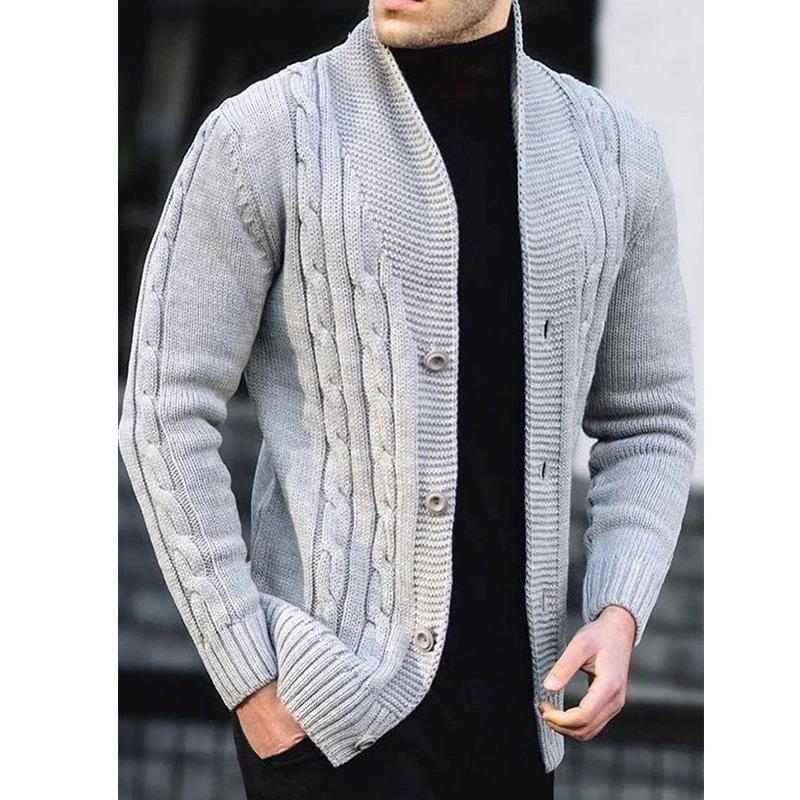 Men's Cable Knit V-Neck Cardigan Sweater with Buttons, Casual Open Front Knitwear In Dark Grey