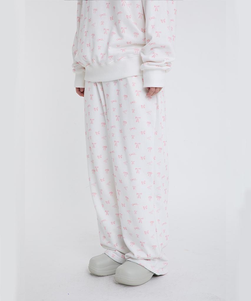 ESCAPEFROM Pink Ribbon Full Print Sweatpants Ivory