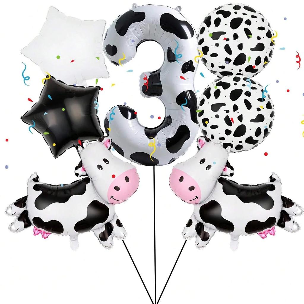 7pcs Cartoon Big Cow Balloon 40inch Black White Cow Number 0-9 Balloon Set Kid's Birthday Farm Animal Party Balloon Decoration