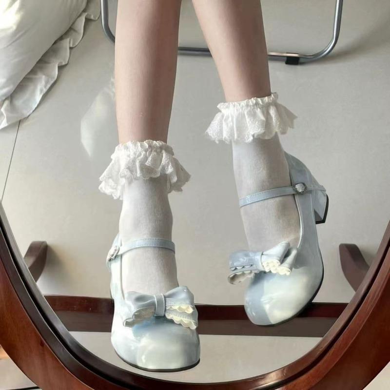 2026 Lolita Style Cute Round Head Jane Pumps with Bow Women Sweet Party Dress Midi Heels Shoes Fashion PU Sneakers Women