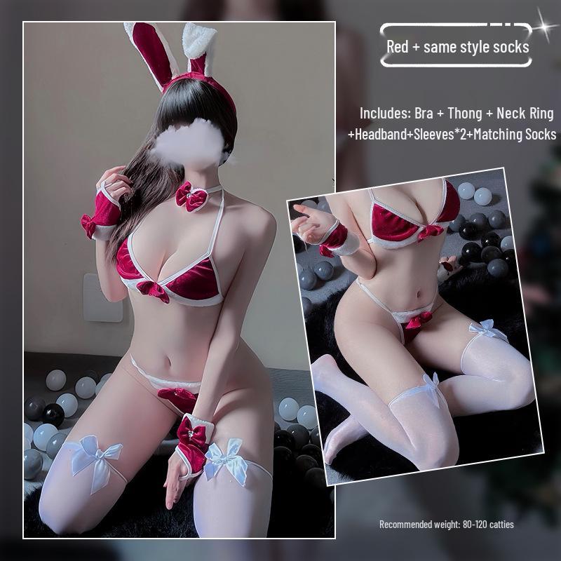 Seductive Christmas Bunny Lingerie Set: Passionate Quick-Release Bra & Thong