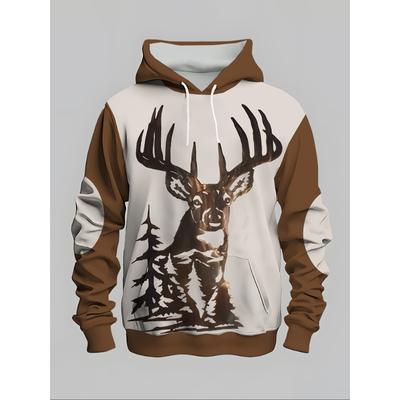 Kapuzenpullover mit 3D-Hirsch-Print in Übergröße – Lässiger Kapuzenpullover aus Polyester-Strickstoff für Herren mit Tasche und mittlerer Dehnbarkeit