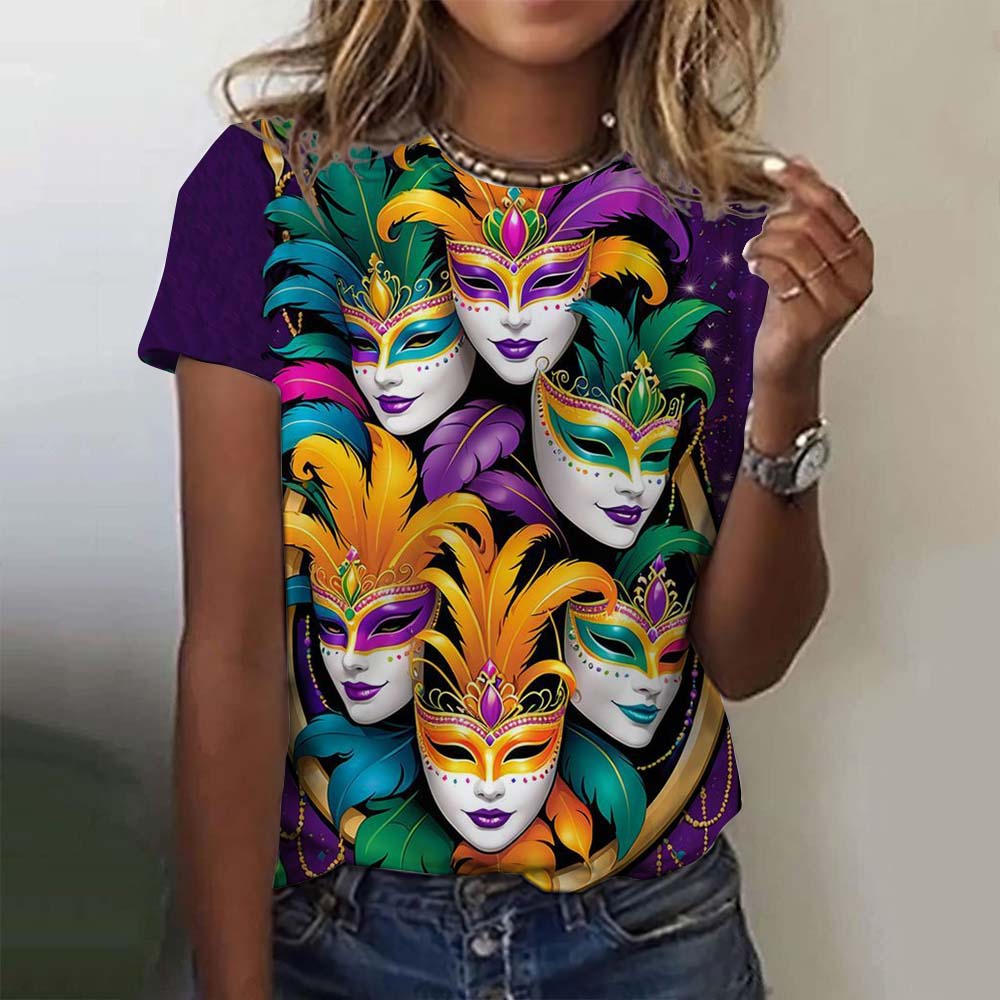 Dámská grafická trička s motivem slavnostní masky Mardi Gras, ležérní letní novinka na dovolenou s klopou a krátkým rukávem, karnevalové oblečení