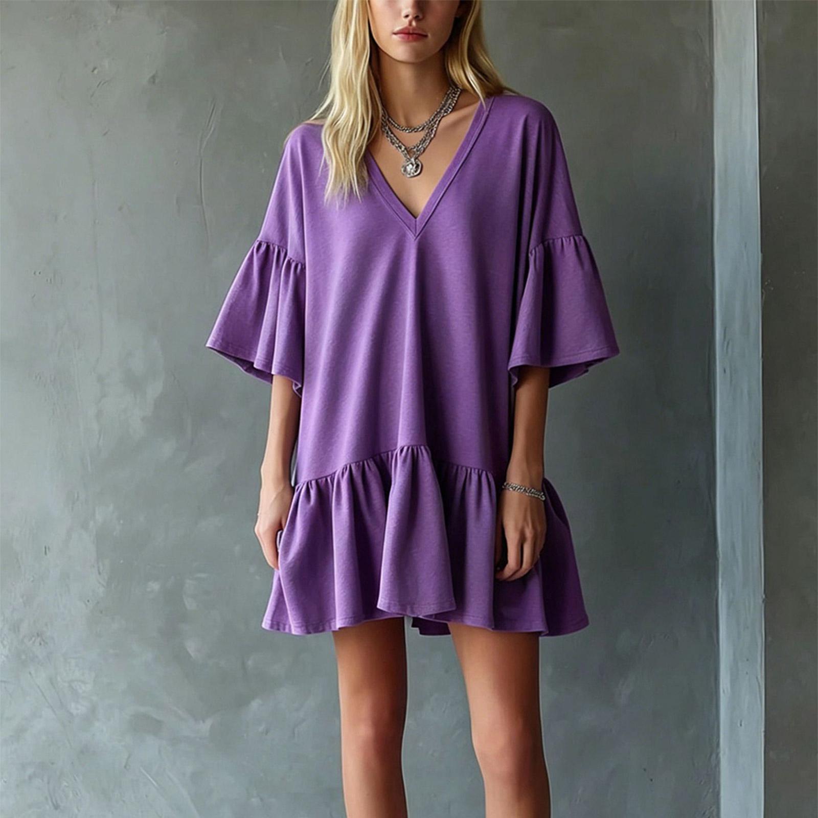 

Women s Casual V Neck Loose Fit Ruffle Hem Plain Sweatshirt Dress Half Sleeve Relaxed Fit Tunic Dress XL фіолетовий
