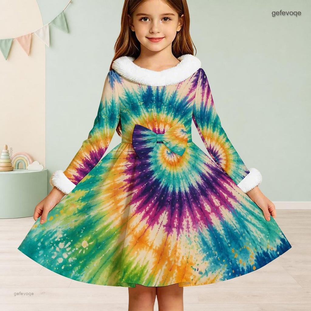 Girls Long Sleeve Colorful Printed Dress Furry Collar Furry Cuffs A Line Flared Hem