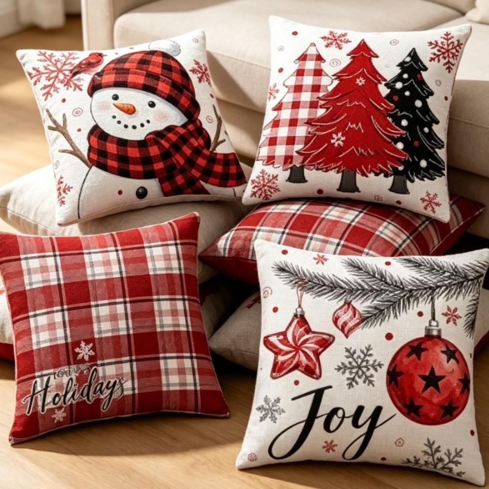 Soft Christmas Pillow Cover Elk Deer Linen Xmas Tree Pillowslip Grid Plaid 45cm 17.72in Snowman Pillow Cover Home Decor