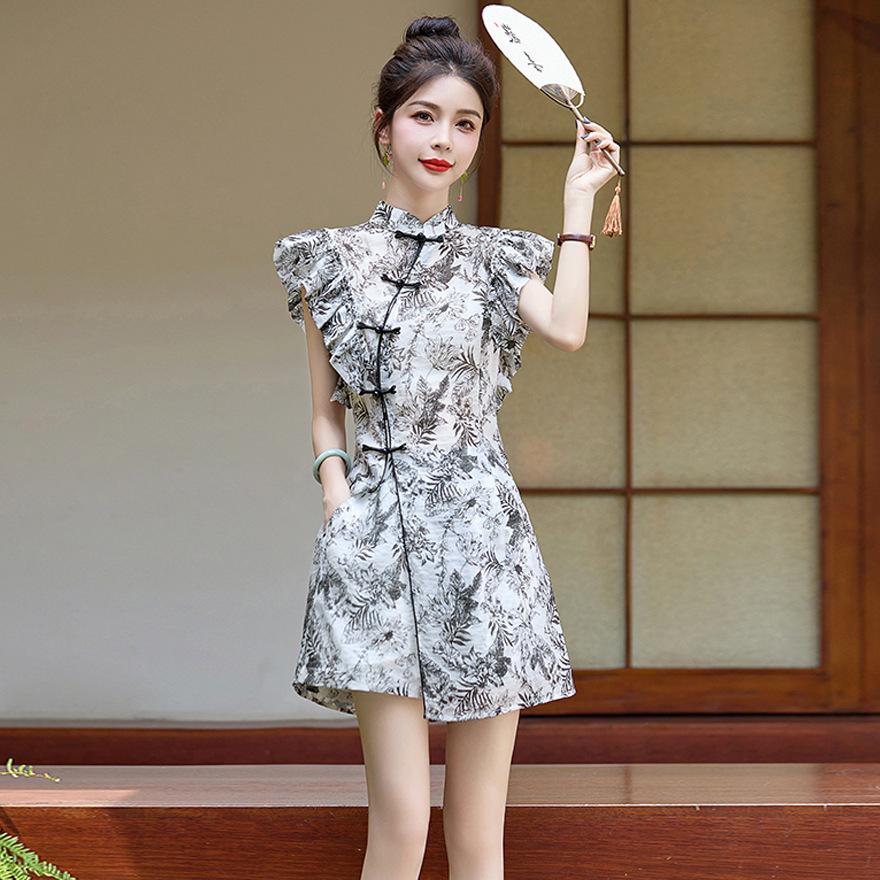 Set Summer New Beautiful Temperament Shorts Improved Cheongsam Two-piece Set Women