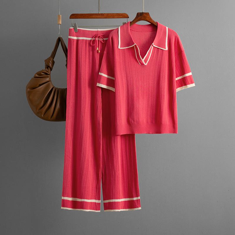 Summer Suit Polo Collar Short Sleeved Fashionable Casual Loose High Waisted Knitted Two-piece Set