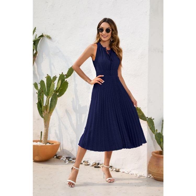Summer Casual Holiday Dress Women Lace Up High Waisted Pleated Ball Sleeveless