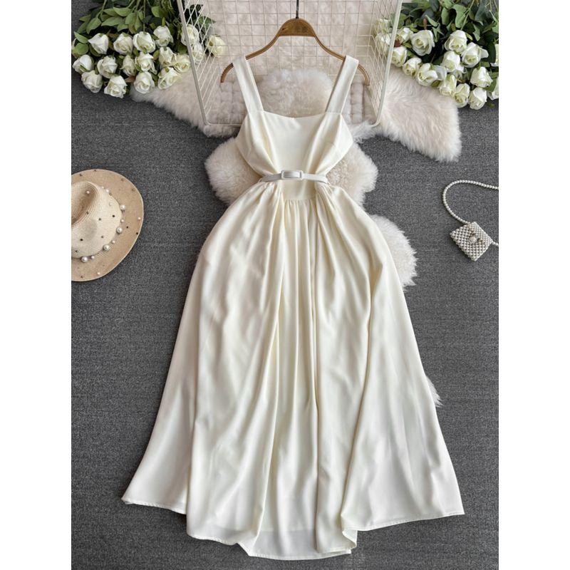 Red Dress Women 2025 New Arrival French Style Temperament Square-Neck Cinched Mid Length Long Length Large Swing Fancy Halter Skirt