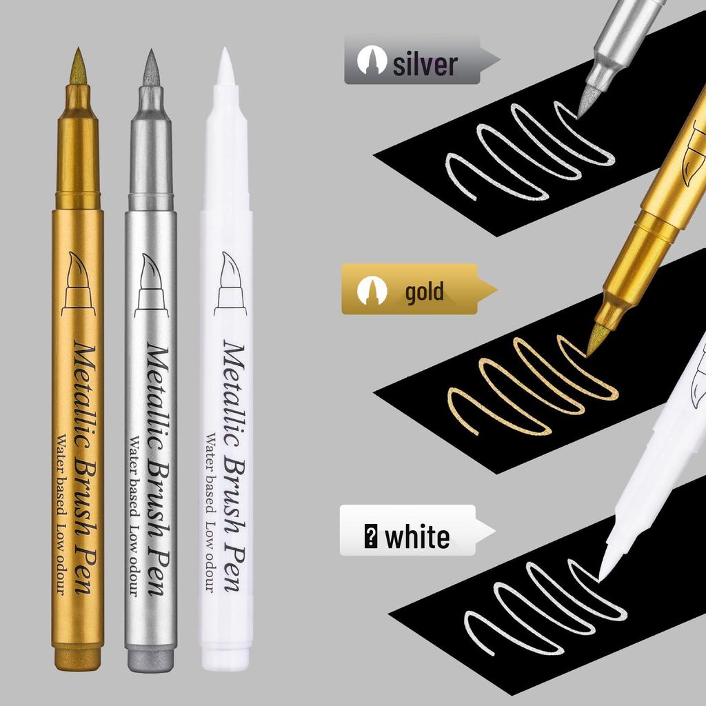 Metallic Soft Tip Craft Pen Set - Gold & Silver for DIY Album, Journal, Card Making, Signature & Sutra Copying.