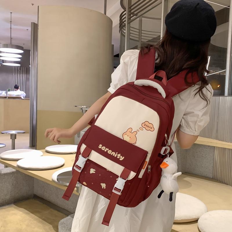 Student Grade 3-6 Schoolbag Women's Large Capacity Cartoon Backpack Campus Color Block Backpack