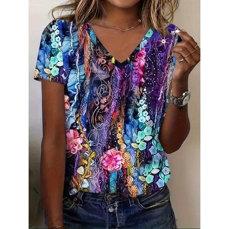 3D printed summer outdoor street V-neck T-shirt XS