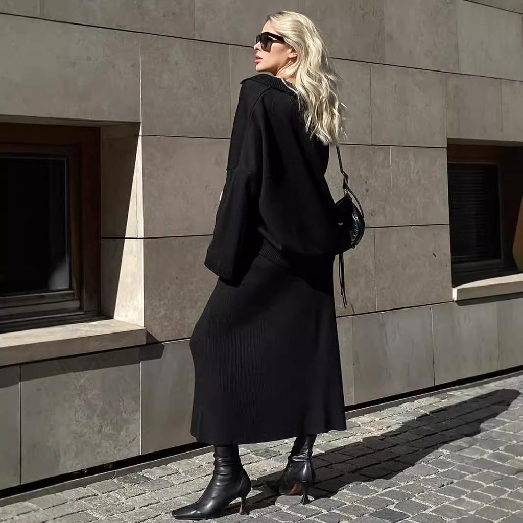 Dwuczęściowe stroje damskie Swetry i spódnice Zestawy Casual Długi rękaw Dekolt w serek Prążkowane dzianinowe bluzki Sukienka midi Jesień Zima Dzianinowa bluzka typu pullover Spódnica obcisła dla kobiet