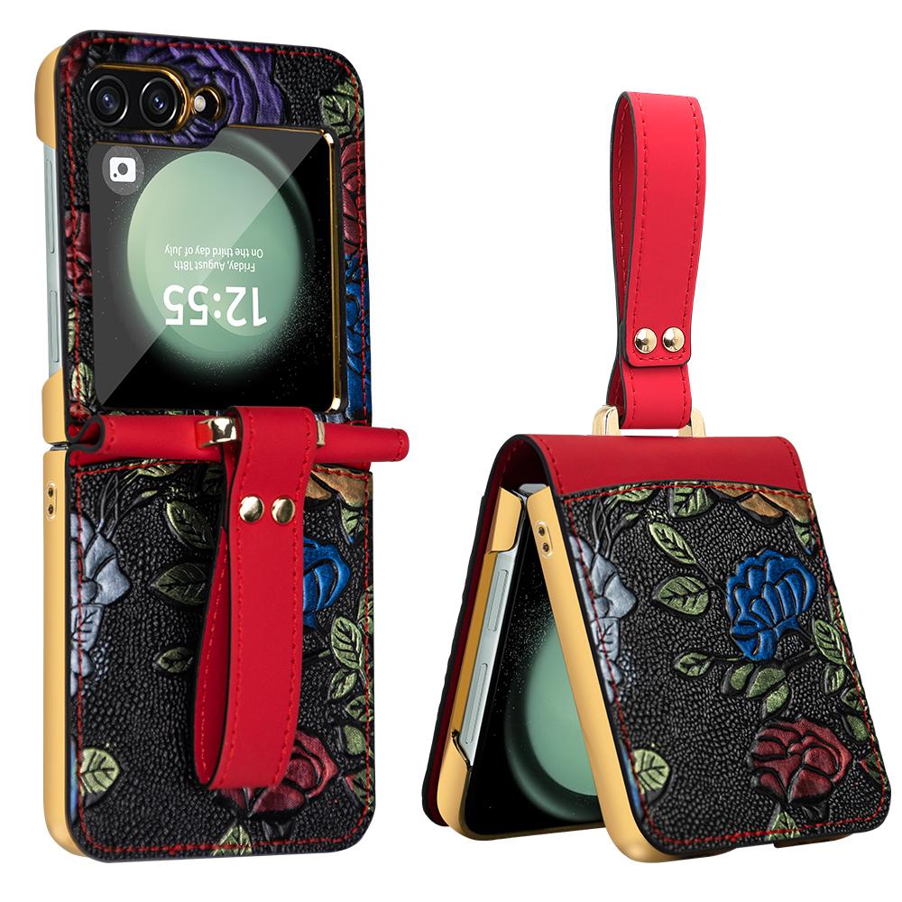 

Чехол-подставка для Samsung Galaxy Z Flip5 5G, кожаный+ПК чехол для телефона с цветочным узором и задней пленкой Red