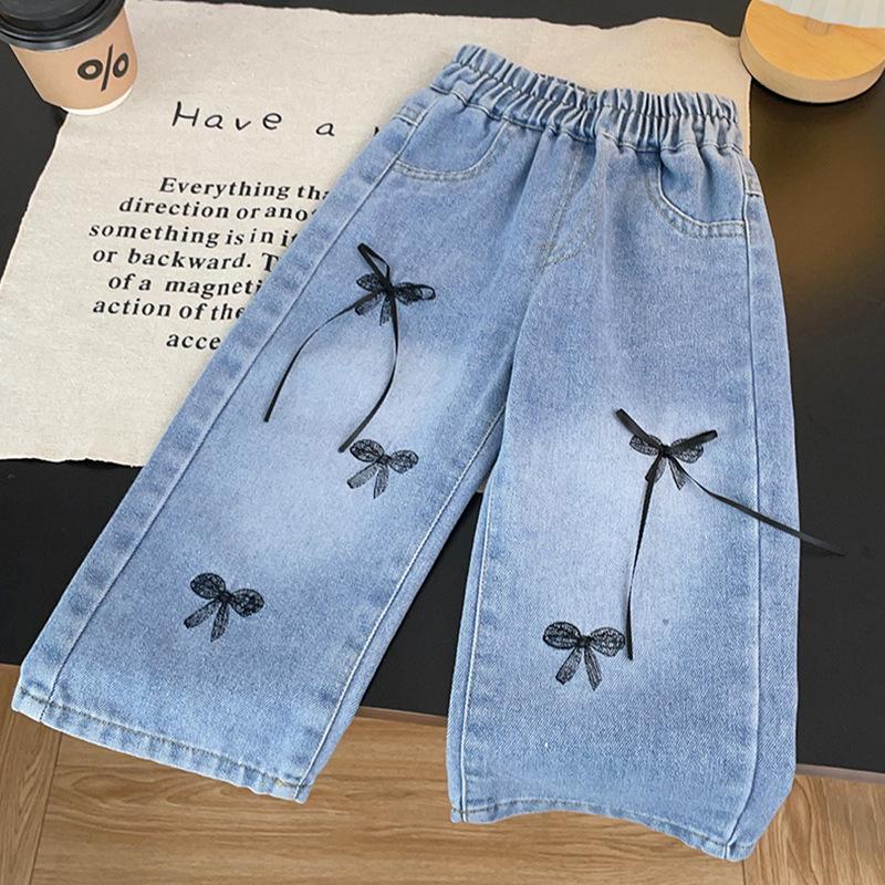 Dívčí podzimní móda 2025 Mašle Rovné džíny - Korejský styl Všestranné kalhoty pro malé holčičky