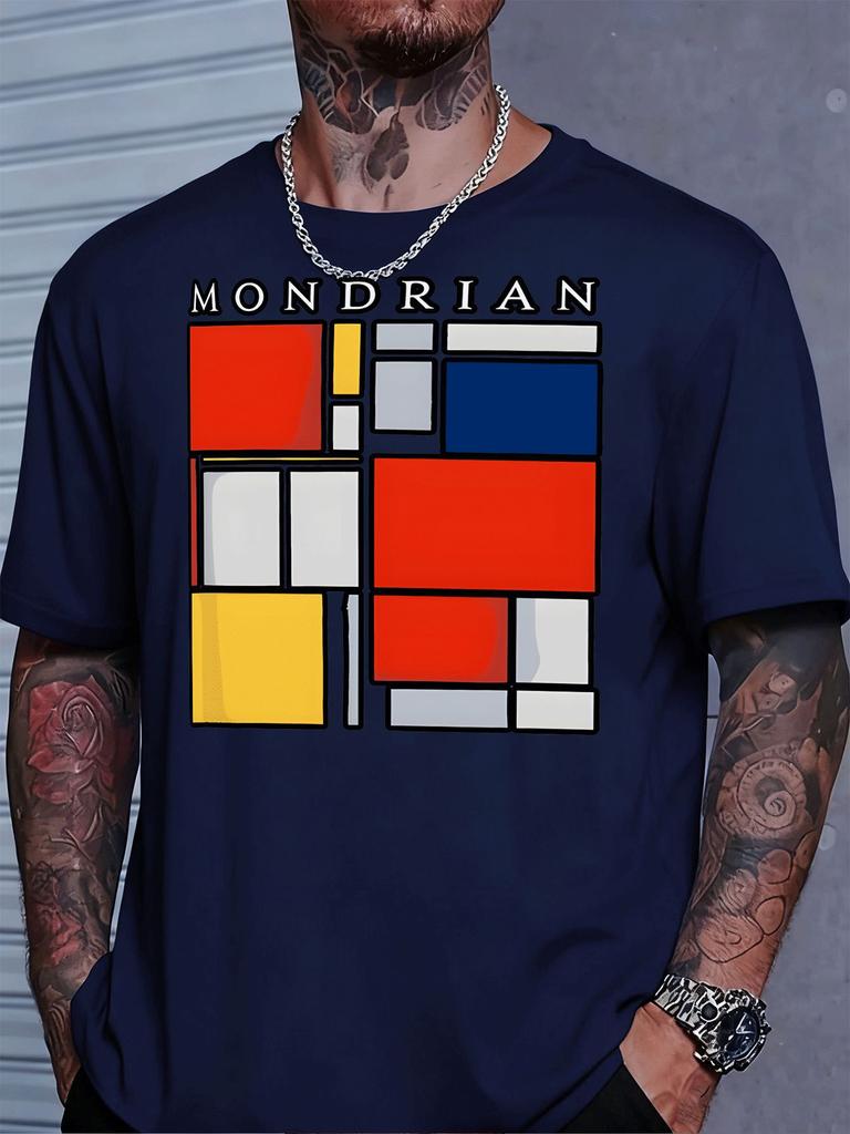 Unisex Black Crew Neck Tee Mondrian Geometric Art Print Loose Oversized Short Sleeve Unisexs Streetwear Summer Casual Basic Top