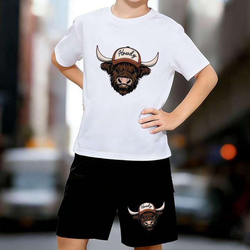 

Boys 2 Piece Highland Cow Printed outfit, Short Sleeve T-Shirt and Shorts Set for Kids Age 5-14,White, Black Sporty Casual Summer Clothes 13-14 Years