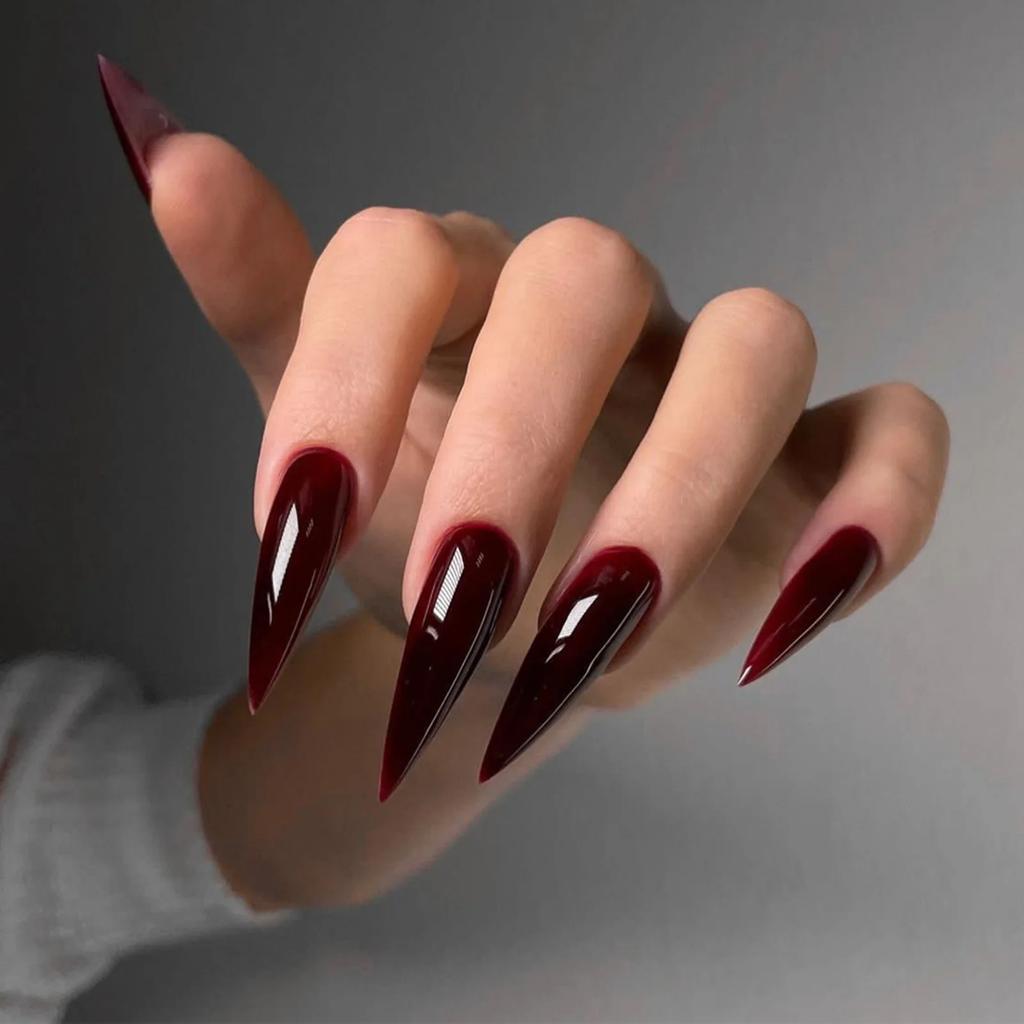 24pcs Glossy Black Fake Nails Set Press On Nail Tips Solid Color Long Stiletto Removable Artificial Nails Decoration Nail Art