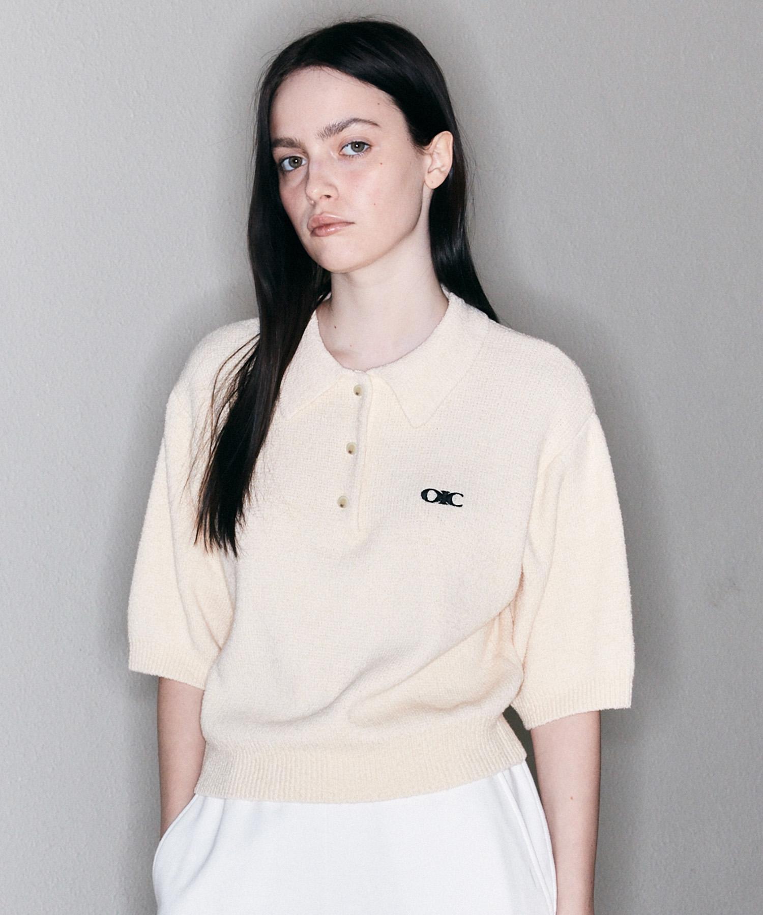 Oioi Collection Classic Embroidered Short Sleeve Collared Knit (2 Colors) Blue/M