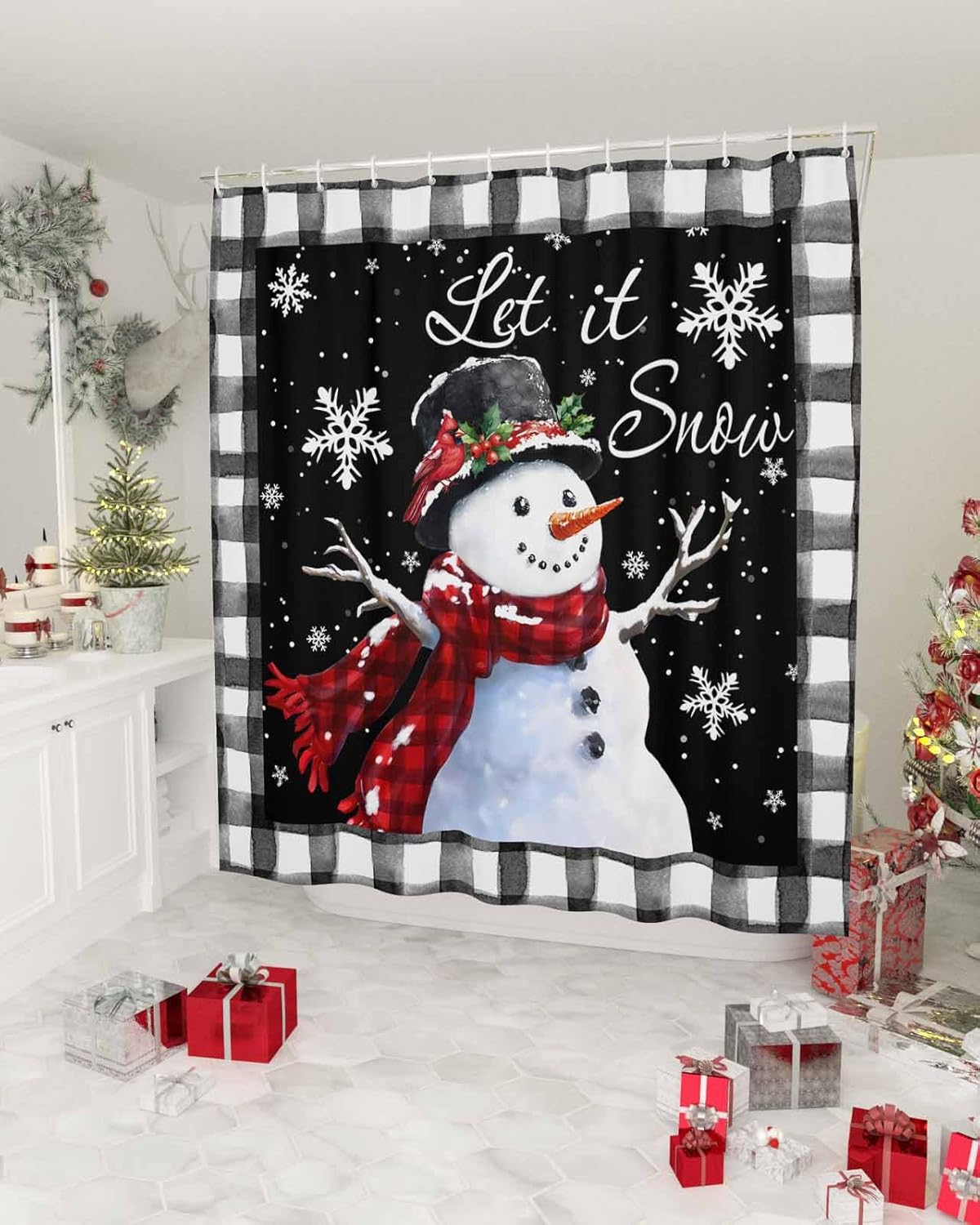 

Christmas Shower Curtain Set With,Winter Snowman Snowflake Berry Red Black Grid Washable Cloth Polyester Fabric Shower+Curtain W60H190(CM)-1 Pcs