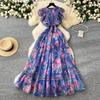 French Style Elegant Dress Women 2025 New Retro Lace Stitching Waist Hugging Temperament Print Frill Long Skirt