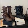 Designer Autumn Winter Vintage Woman Knight Knee High Boots Shoes Ladies Elegant Thick Low Heel Belt Buckle Western Cowboy Botas