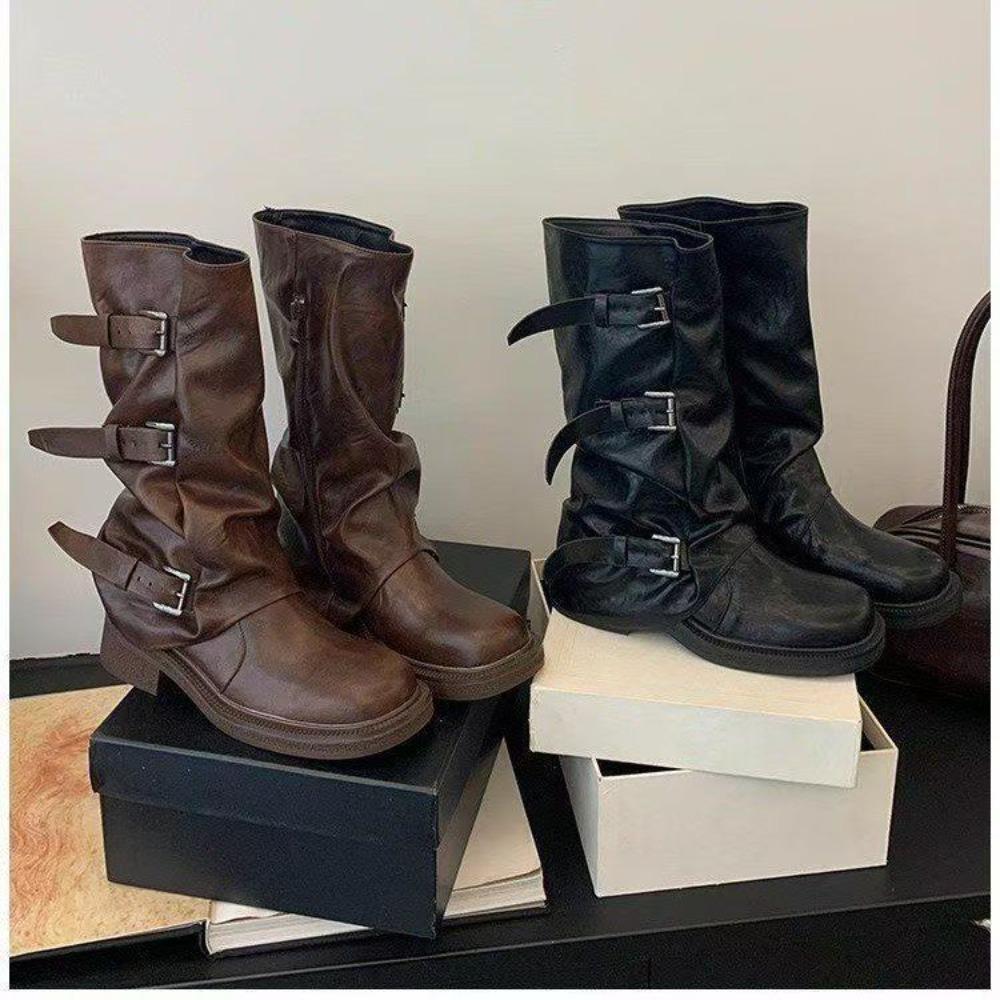 Designer Autumn Winter Vintage Woman Knight Knee High Boots Shoes Ladies Elegant Thick Low Heel Belt Buckle Western Cowboy Botas