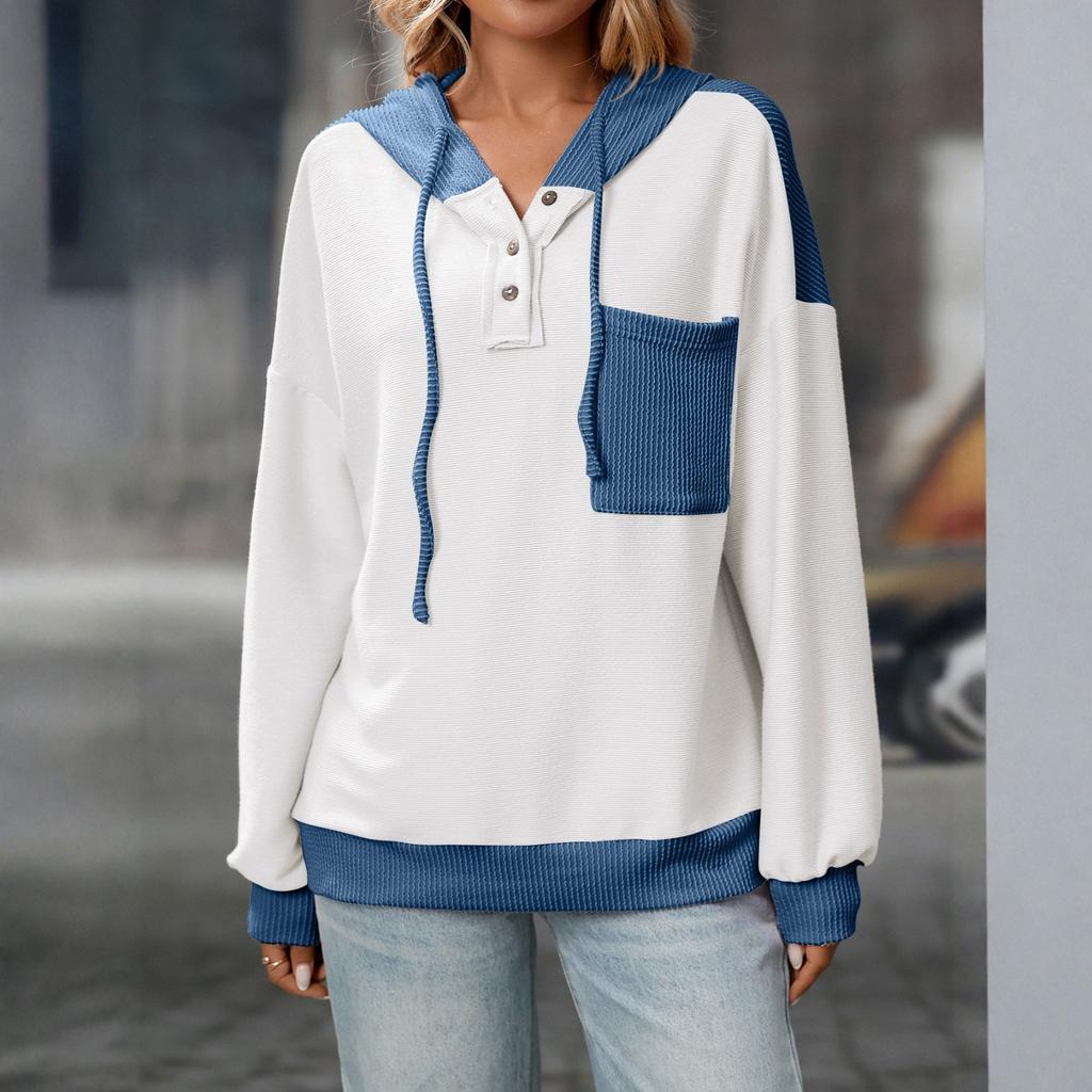 Women's Fashion Color Blocked Long Sleeved Button Hoodie Top