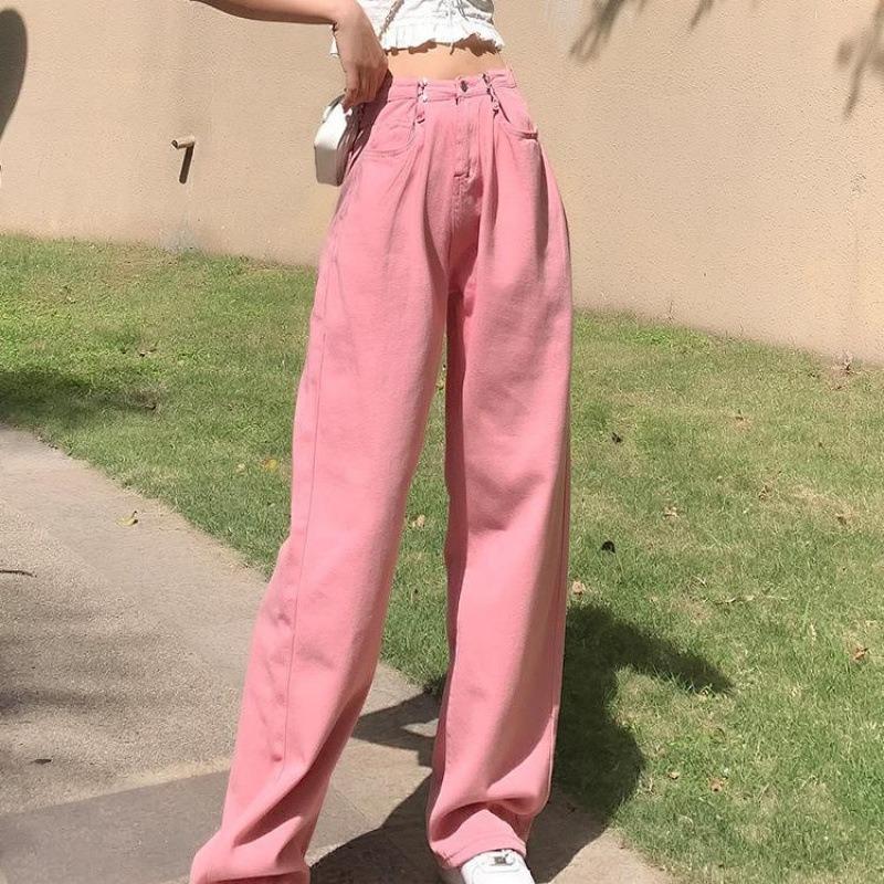 Pink Jeans Women's Summer Thin High-waisted Straight Wide-leg Pants New Loose and Thin Spice Girl Floor Pants