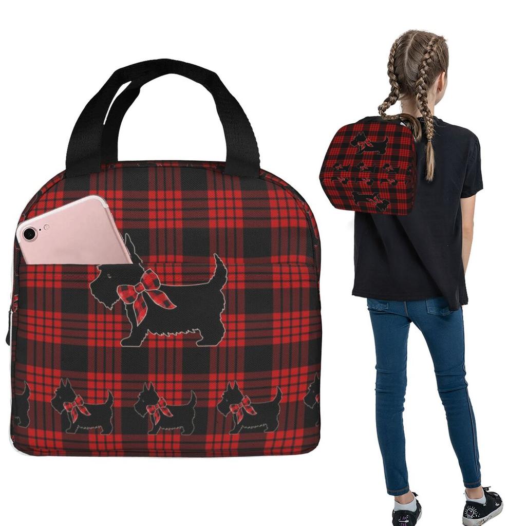 Black Scottie Dog Plaid Tartan Scottish Terrier Lover Insulated Lunch Bag for Women Kids Portable Food Boxes Thermal Lunch Box