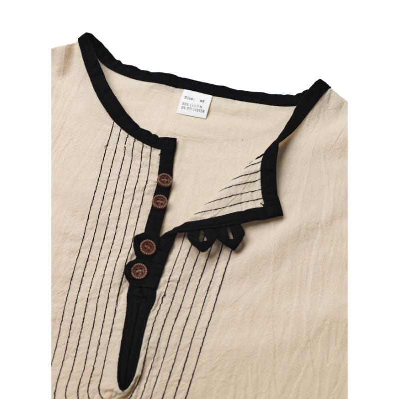 Mens Linen Blend Henley Neck Long Sleeve Casual T Shirt