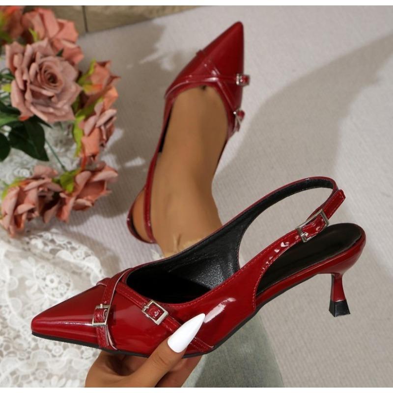 Fashion New Summer Women's Dress Shoes Patent Leather Slip On Pointed Toe Sandals Buckle Slingbacks Mid Heels Pumps Sandalias Mujer