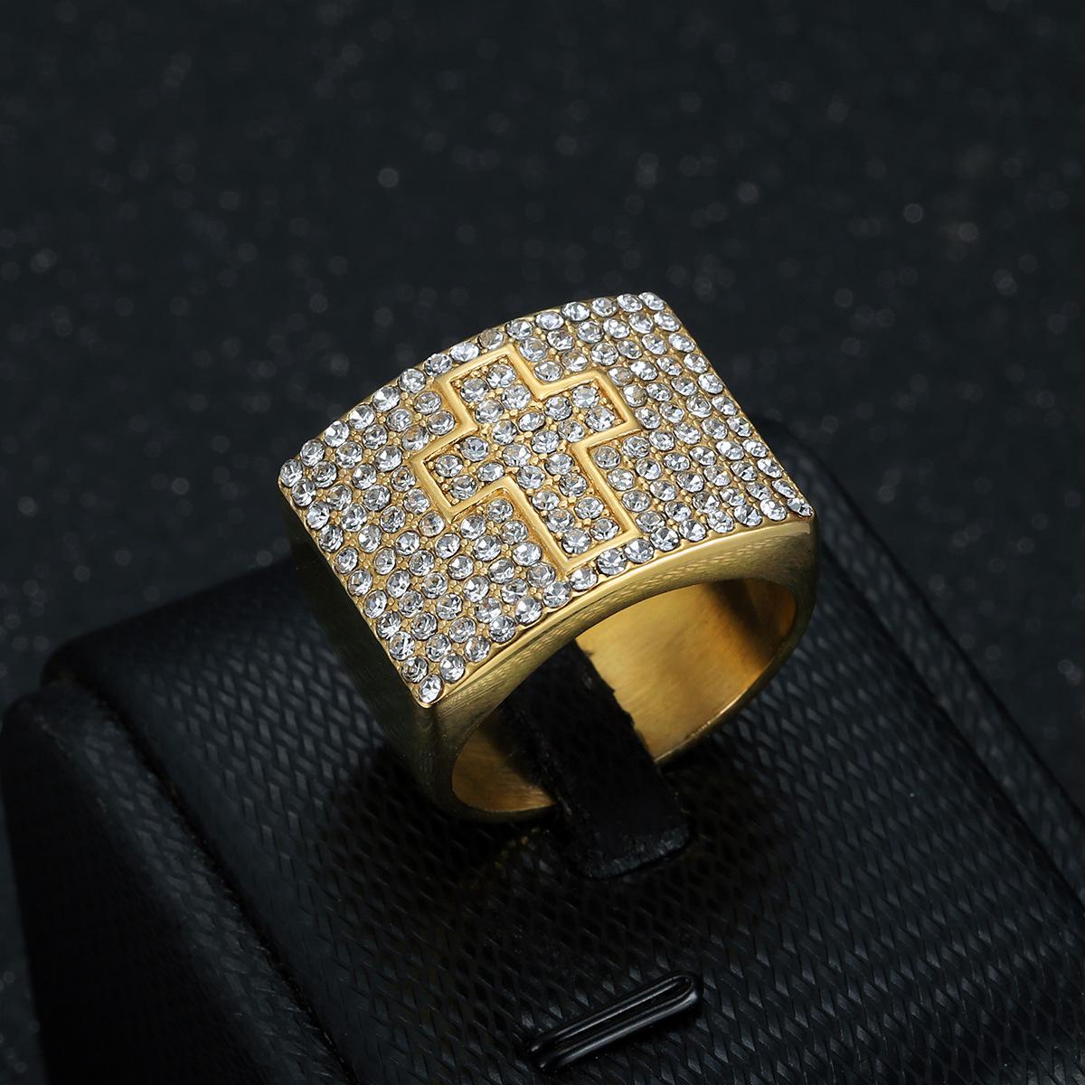 

New 316 Stainless Steel/Titanium Steel Gold-Plated Full Diamond Cross Hip-Hop Men s Ring 13No.