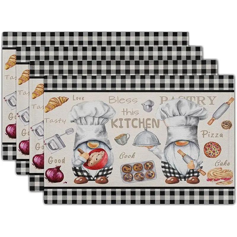 1pc Gnomes Placemats Buffalo Plaid Kitchen Mat Heat Proof Linen Place Mats for Home Kitchen Dinner Table Decor and Supplies