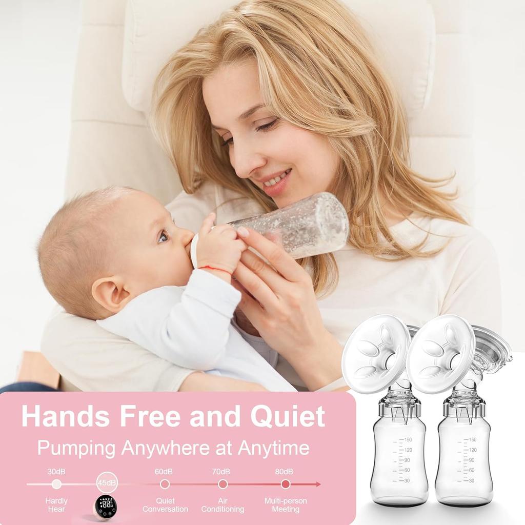 Electric Breast Pump, Hands Free Breast Pump 3 Modes 9 Levels, Double Wearable Breastfeeding Pump with Breastmilk Storage Bags & Pacifier Brush,