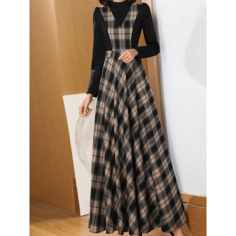 Style Spring New Arrival Women's Thickened Gingham Dress Waist-Controlled Long Sleeves Temperament Youthful-Looking Maxi Skirt Big Swing Skirt Fashion