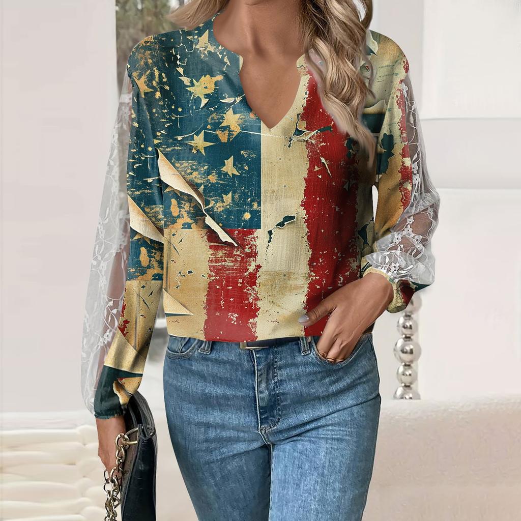 Length Sleeve Womens Tops Casual Loose Fit V-neck T Shirts Cute Print Lace Sleeve Tunic Tops