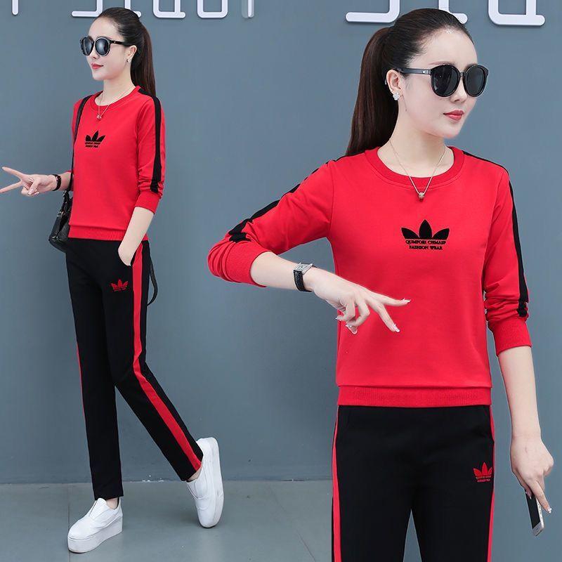 Jesień 2025 Damska odzież sportowa w koreańskim stylu, codzienna: Zestaw dwuczęściowy Plus Size, luźny, wyszczuplający, z długim rękawem, do biegania.