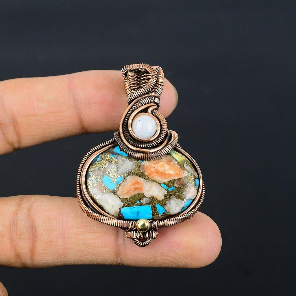 Multi Copper Spiny Oyster Pendant, Handmade Gemstone 999 Copper Wire Wrapped Pendant Antique Jewelry, For Gift Silver Jewelry
