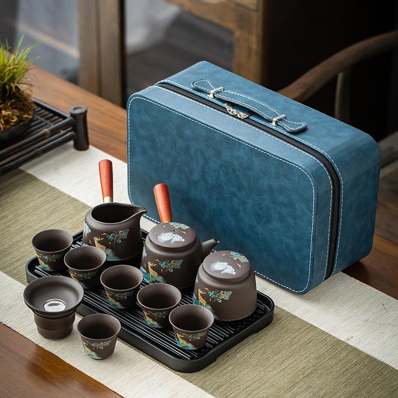 Purple sand travel tea set, ceramic kung fu portable storage bag, teapot, teacup, complete set of business gifts, portable