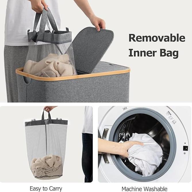 Foldable Dirty Laundry Basket with Lid and Inner Bag for Bedroom or Bathroom - Large Capacity.