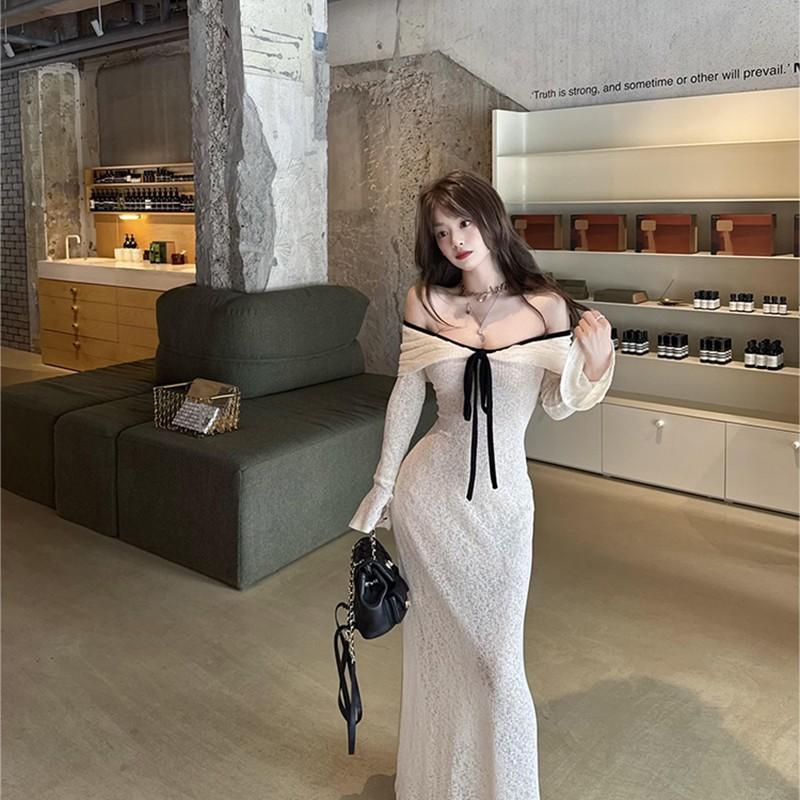 

French style is coming, autumn white one-word shoulder dress, pure desire temperament, waist, self-cultivation, super personality S белый