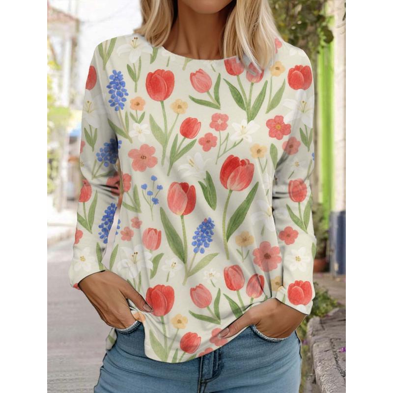 Mode femmes manches longues fleur T-Shirt col rond à manches longues vêtements décontracté vacances cadeau vêtements mode fête T-Shirt