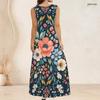 Women Plus Size Sleeveless Scoop Neck A Line Long Dress Black Purple Feather Printed