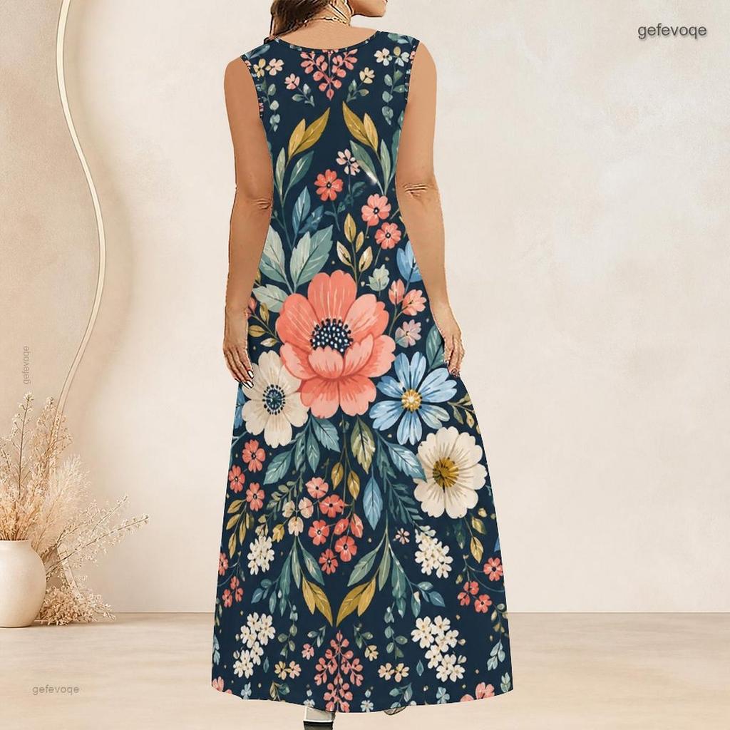 Women Plus Size Sleeveless Scoop Neck A Line Long Dress Black Purple Feather Printed
