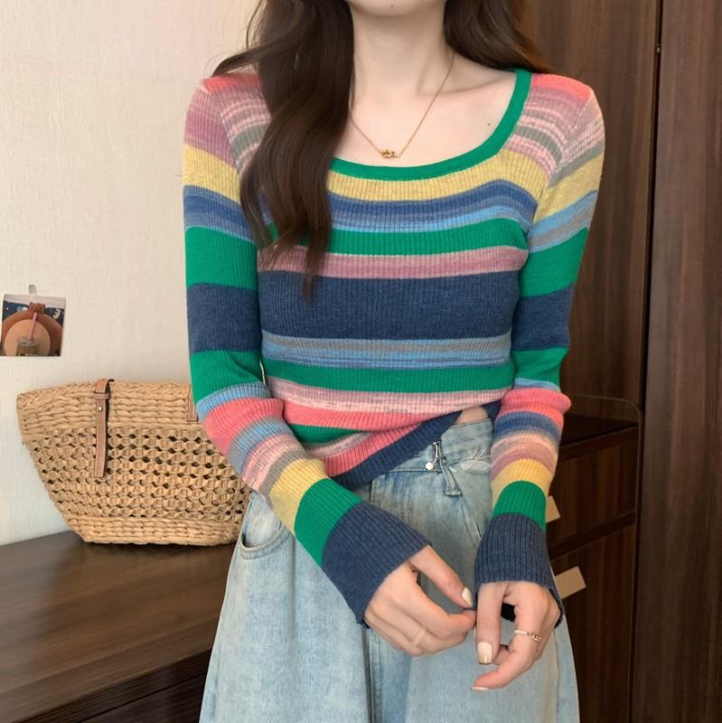 Autumn and Winter New Sweet and Spicy Square Collar Niche Contrasting Stripes Knitted Slim and Thin Soft Waxy Short T-shirt